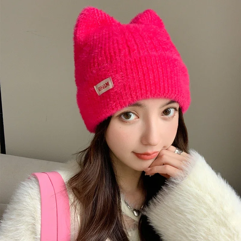 Color: Coffee, Size: One Size - New Women Cute Cat Ear Earflap Winter Hat Fashion Faux Fur Knitted Hat Kpop Style Soft Beanie Hats Candy Female Streetwear Cap