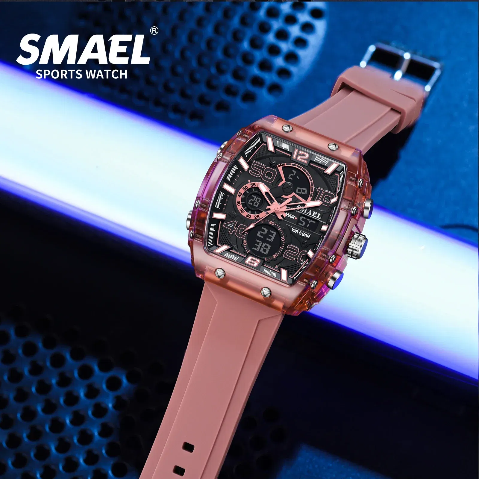 Color: Pink - SMAEL 8109 New Men's Watch Multifunctional Sports 50M Waterproof Dual Display LED Night Light Leisure Student Electronic Watch