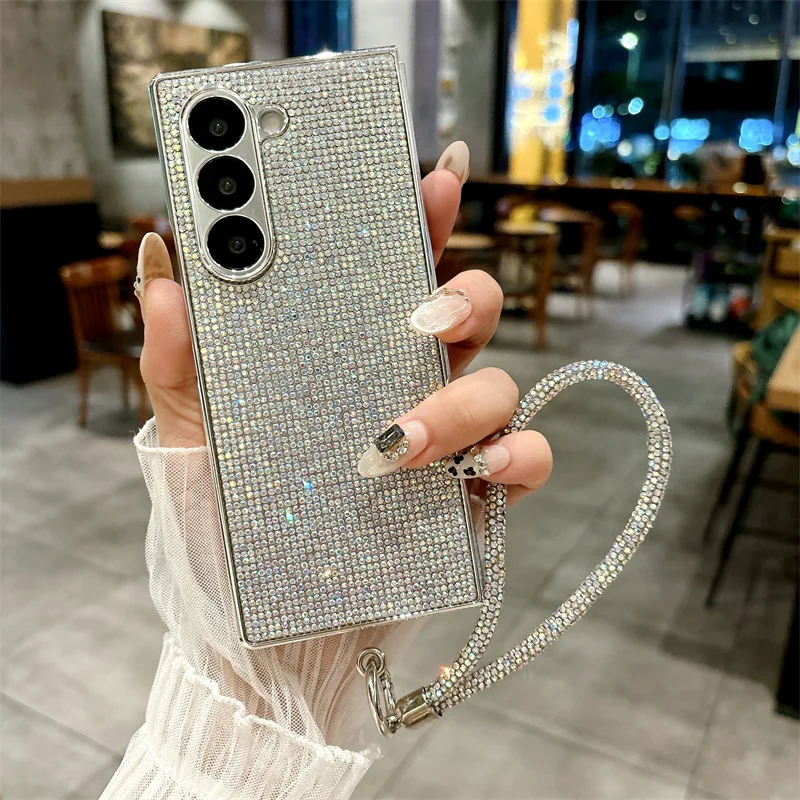 Color: SKY BLUE, Material: CANVAS - Luxury Flash Diamond Sparkling phone case for Samsung Galaxy Z Fold 6 5 zfold 4 Electroplated bracelet shockproof cover