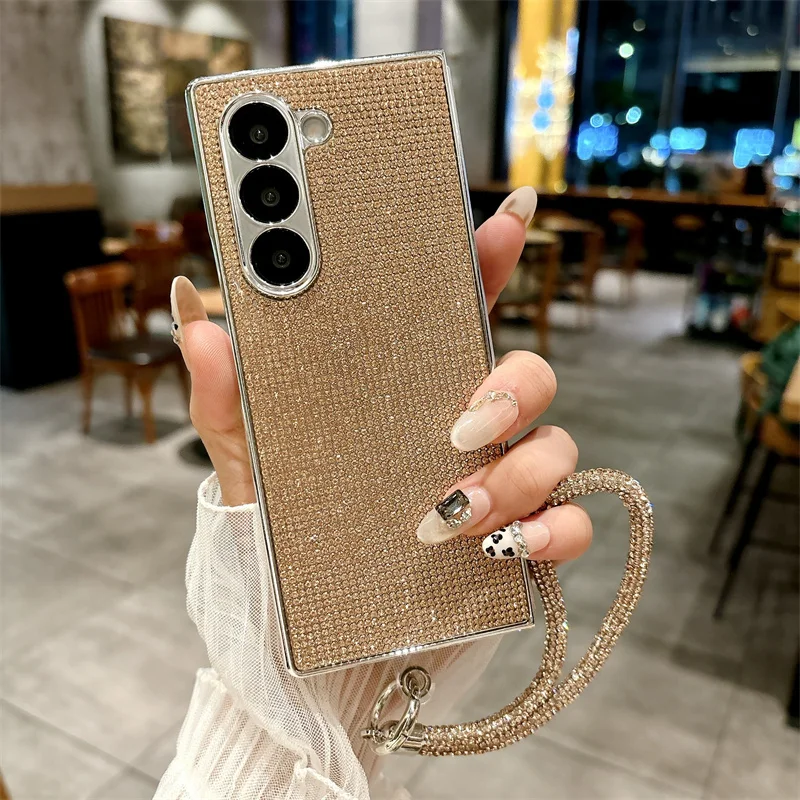 Color: SKY BLUE, Material: CANVAS - Luxury Flash Diamond Sparkling phone case for Samsung Galaxy Z Fold 6 5 zfold 4 Electroplated bracelet shockproof cover