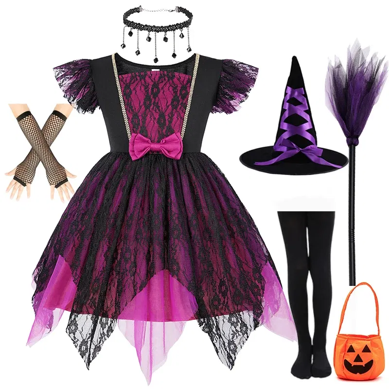 Color: MULTI, Kid Size: 5 - Halloween Witch Tutu Dress for Girls Handmade Mesh Bat Wizard Cosplay Costumes with Hat Broom Toddler Evil Party Clothes Set