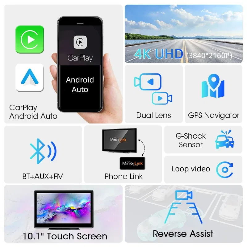 64G - 10.1" 4K Dash Cam Wireless Carplay Android Auto GPS Navigation Car DVR Rearview Camera Dashboard Video Recorder Monitor Park AUX
