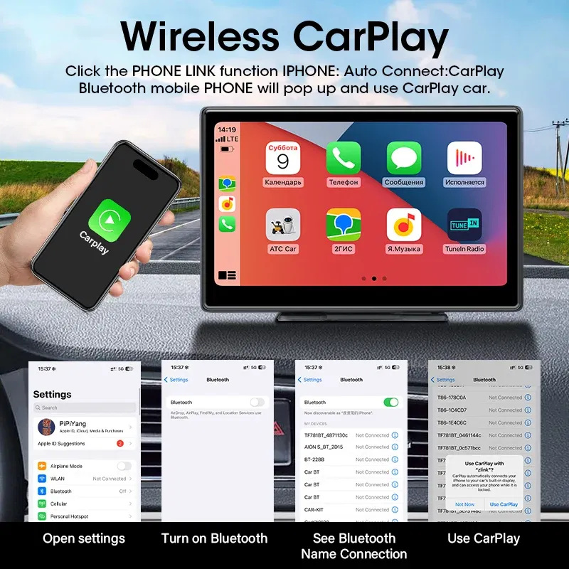 64G - 10.1" 4K Dash Cam Wireless Carplay Android Auto GPS Navigation Car DVR Rearview Camera Dashboard Video Recorder Monitor Park AUX