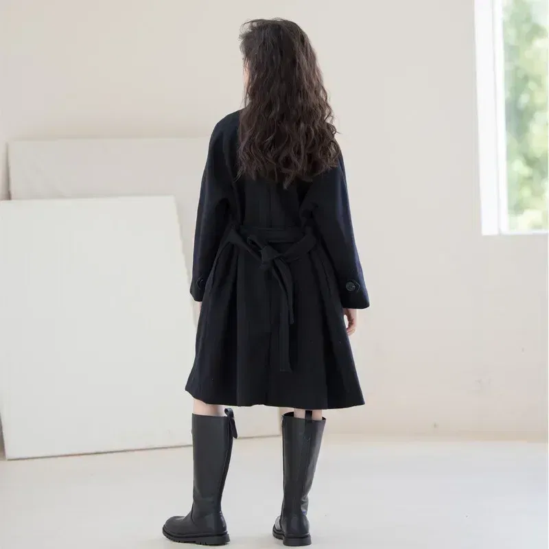 Color: black, Kid Size: 2T - Winter Girls Wool Coat Long Double-faced Tweed Overcoat for Kids Fashion Casual Grey 10 12 14 Years Teenage Children Outerwear