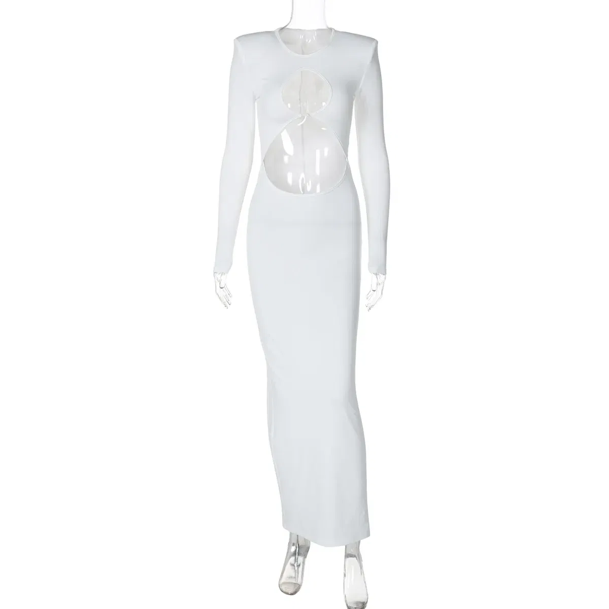 Color: WHITE, Size: M - Hollow Out Sexy Long Dress White Dress Female Clothing Slim Fit Pullover Long Sleeve O-neck Long Dresses Woman Summer