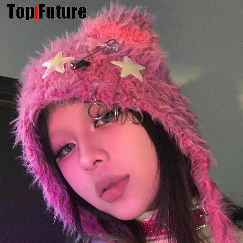 Color: black - Y2K girl Harajuku Gothic Lolita cat Ear Hat Women Punk Designer Winter Beanie Hat Gothic lolita  streetwear StarAccessories Cap