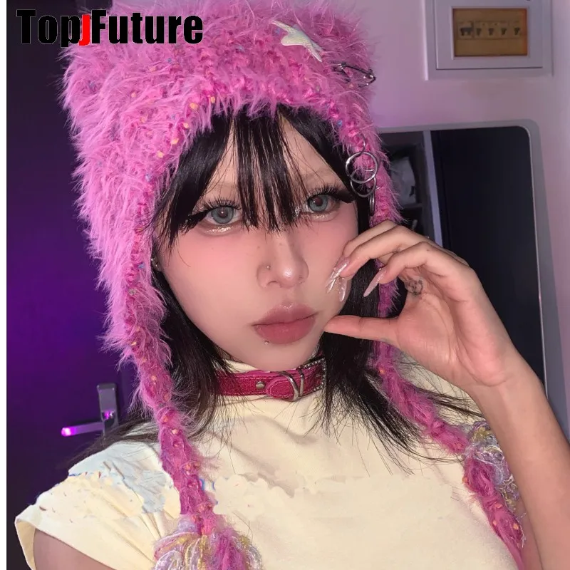 Color: black - Y2K girl Harajuku Gothic Lolita cat Ear Hat Women Punk Designer Winter Beanie Hat Gothic lolita  streetwear StarAccessories Cap