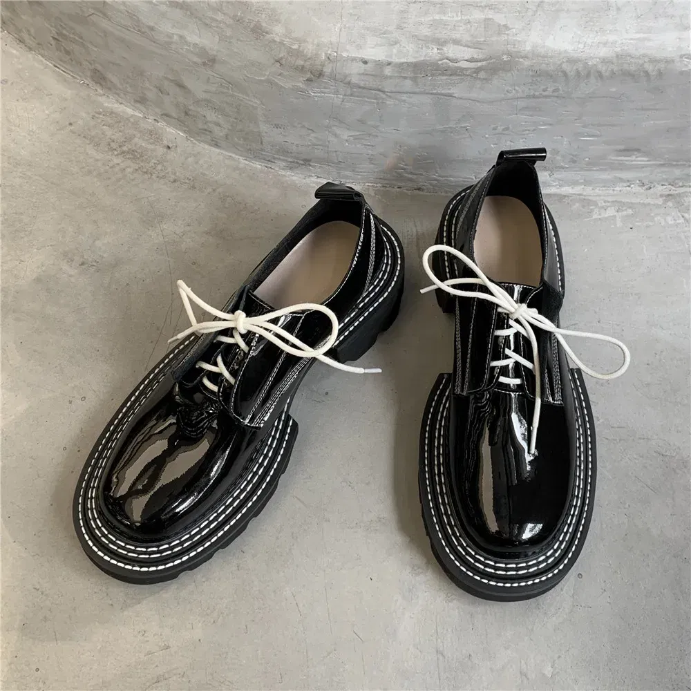 Color: Beige, Shoe Size: 8 - MILI-MIYA New Arrival Thick Heels Women Cow Patent Leather Pumps Lace Up Round Toe Fashion Street Casual Shoes Size 34-42