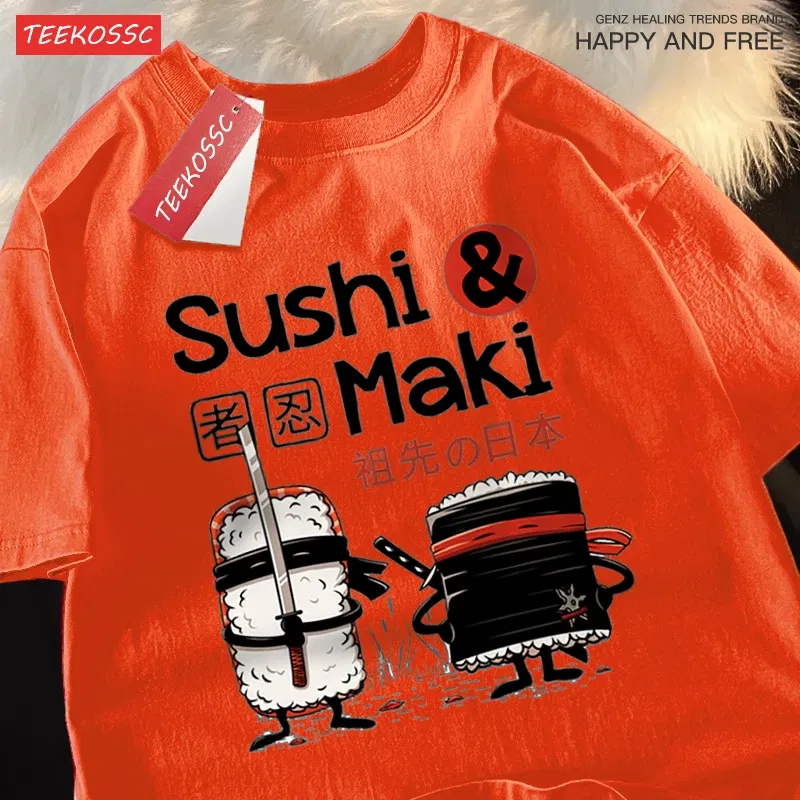 Color: black, Size: XXL - Theduc Sushi And Sushi Printing Men Women Tshirt Cotton T-Shirts Loose T Shirt Crewneck Loose Tops Fashion Clothes Unisex