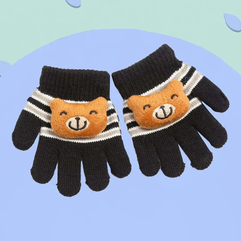 Color: Black - Windproof Comfortable Warm Children Outdoor Sports Boys Knitting Mittens Kids Mittens Printed Stripe Full Finger Gloves