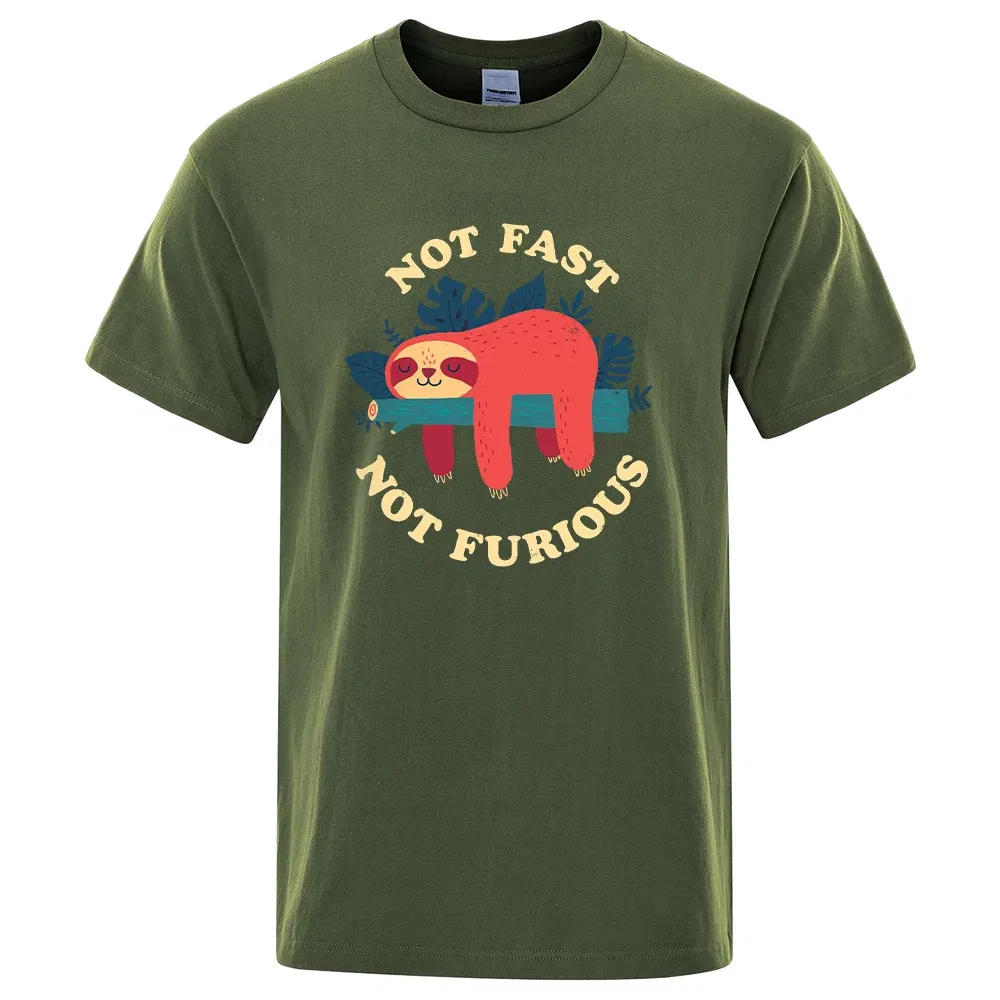 Color: army green, Size: L - Not Fast Not Furious Sloth Cute Print Men Tee Shirts Breathable Cotton Tops Street Fashion T-shirt Women Casual Summer T Shirts
