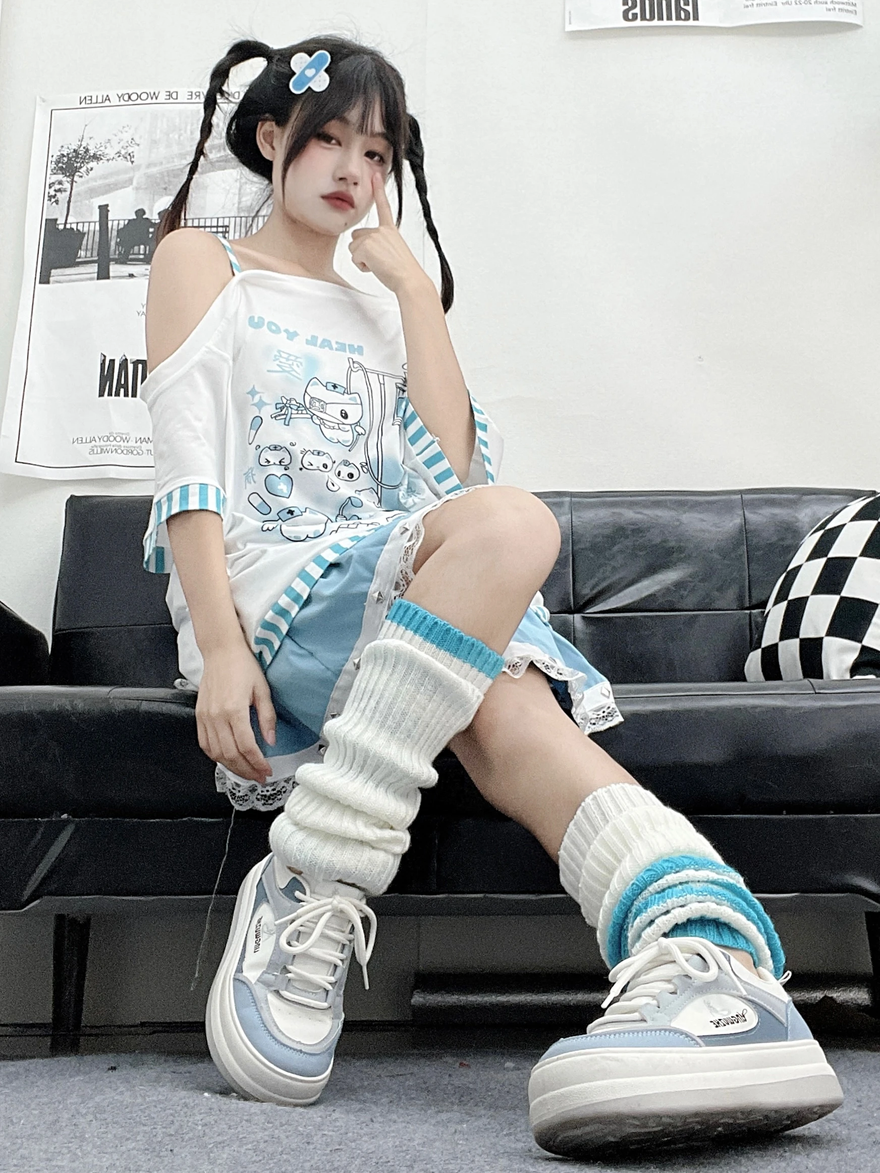 Color: WHITE, Size: M, Ships From: CHINA - Gothic Woman Clothing Y2k Harajuku T-shirts Japanese Female Clothing Patchwork Kawaii Sweet Cartoon Print stripe y2k Clothes Top