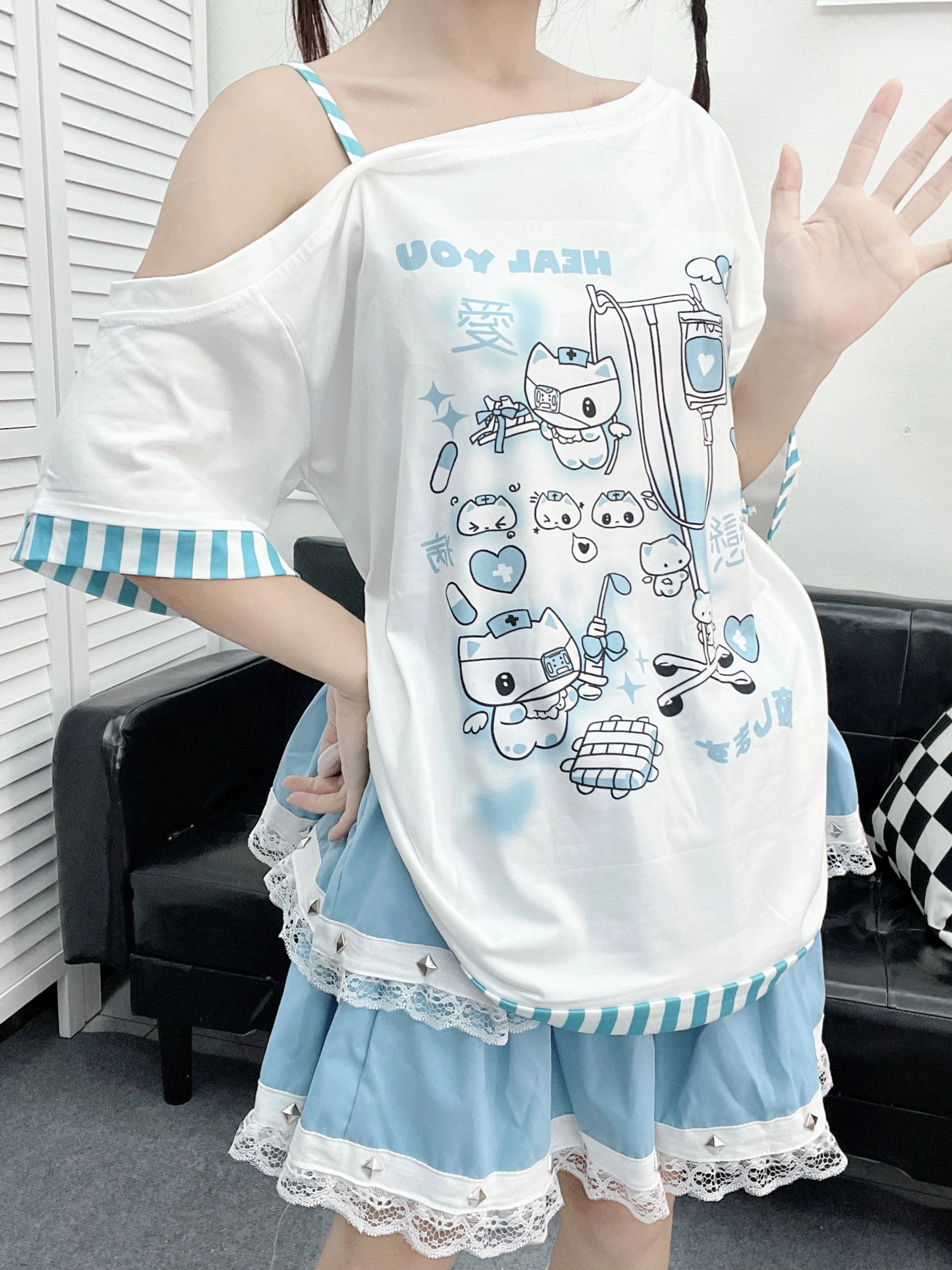 Color: WHITE, Size: M, Ships From: CHINA - Gothic Woman Clothing Y2k Harajuku T-shirts Japanese Female Clothing Patchwork Kawaii Sweet Cartoon Print stripe y2k Clothes Top