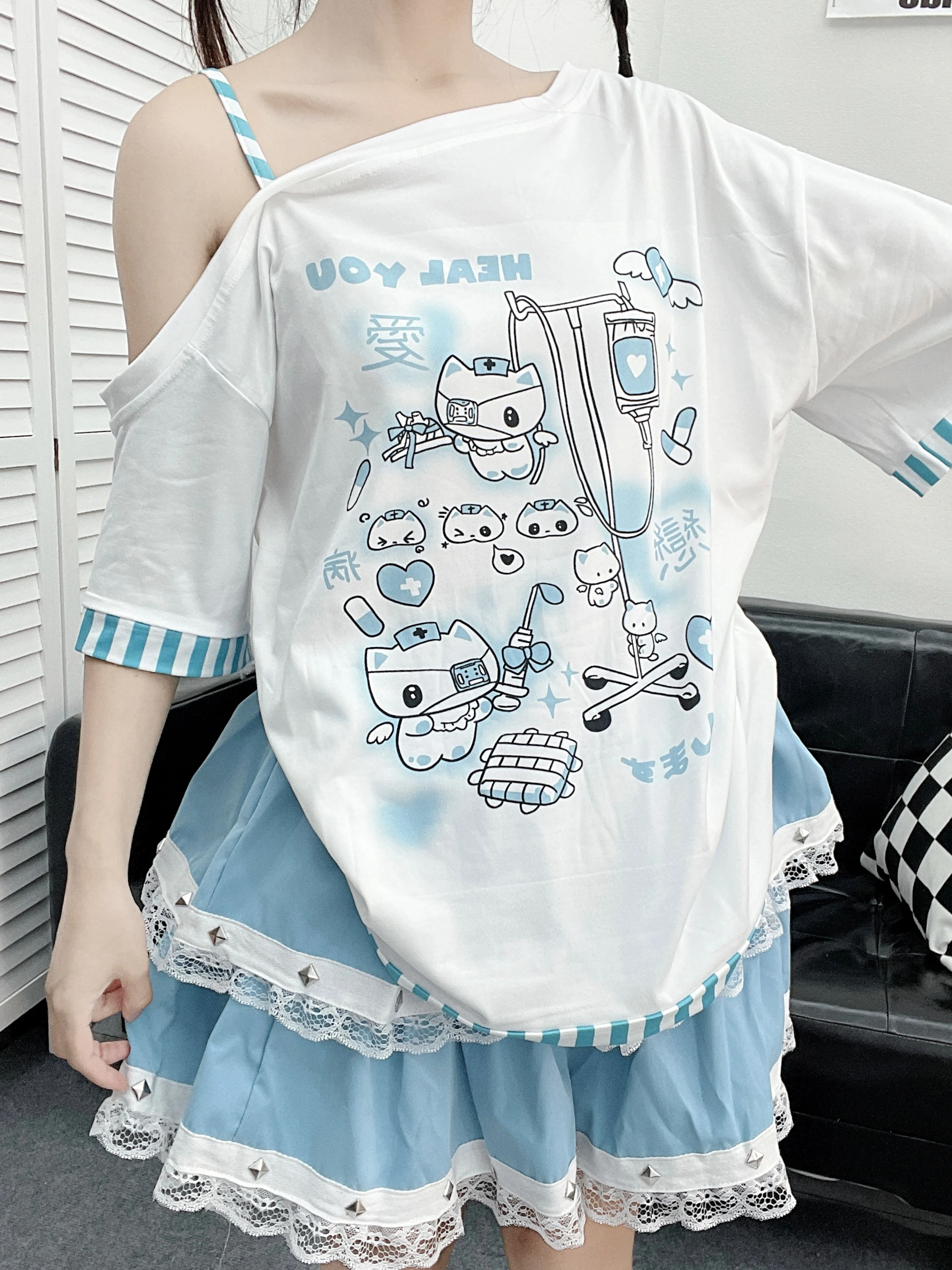 Color: WHITE, Size: M, Ships From: CHINA - Gothic Woman Clothing Y2k Harajuku T-shirts Japanese Female Clothing Patchwork Kawaii Sweet Cartoon Print stripe y2k Clothes Top