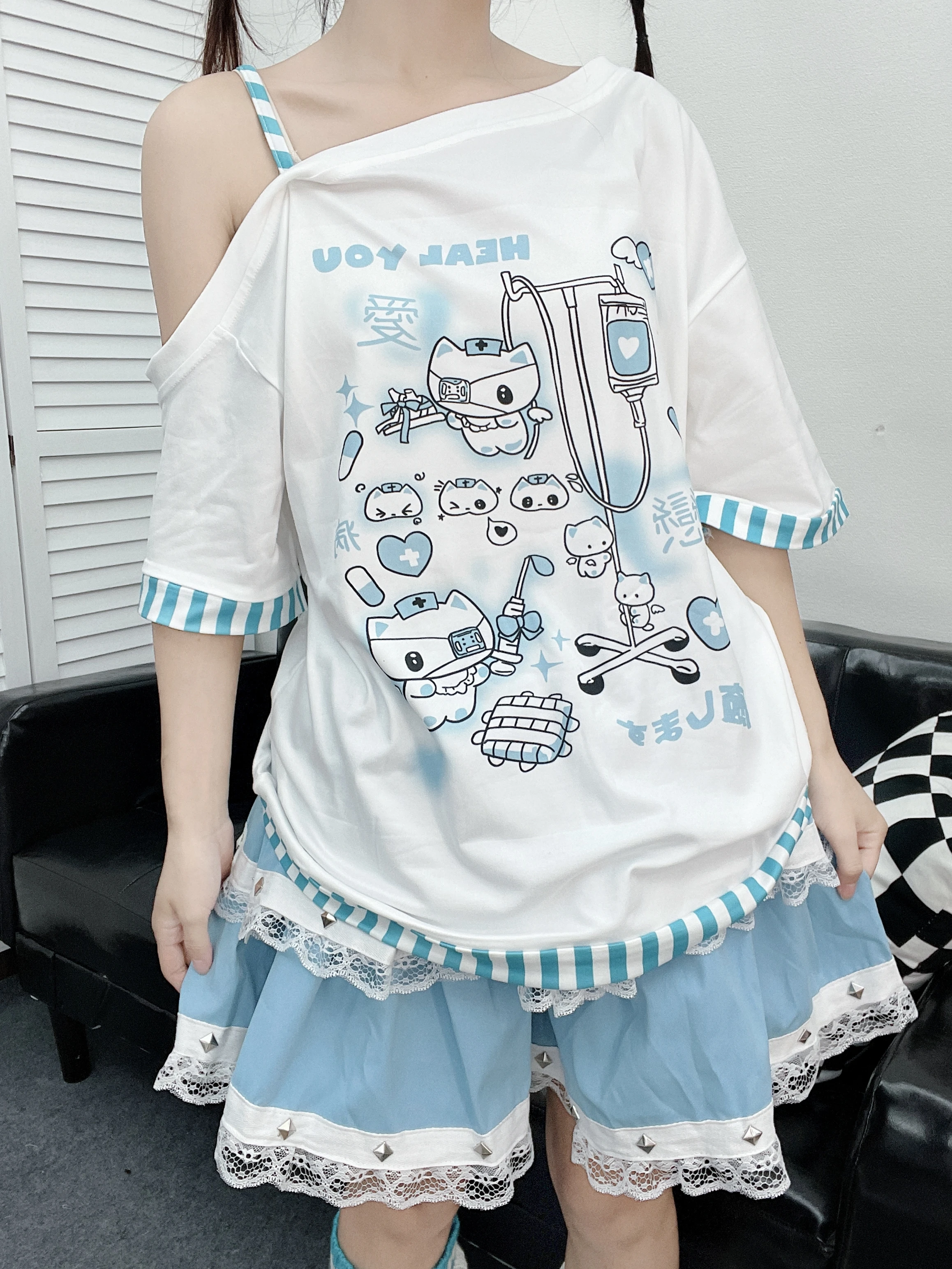 Color: WHITE, Size: M, Ships From: CHINA - Gothic Woman Clothing Y2k Harajuku T-shirts Japanese Female Clothing Patchwork Kawaii Sweet Cartoon Print stripe y2k Clothes Top