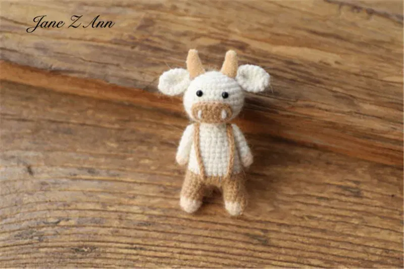 Color: Brown, Size: ONE SIZE - Handmade mink plush dolls knitted calf rabbit bear mouse newborn full moon photography props