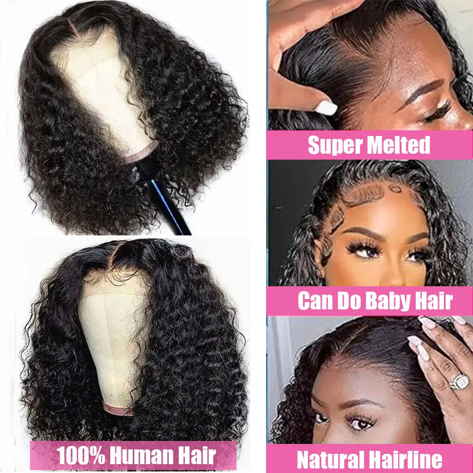 Hair Color: #4, Stretched Length: 16inches, Density: 180% - Glueless Brazilian Hair Wigs Bob Wig Human Hair 13x4 Lace Frontal Wig Human Hair Natural Remy Short Curly 4X4 Lace Closure Wigs