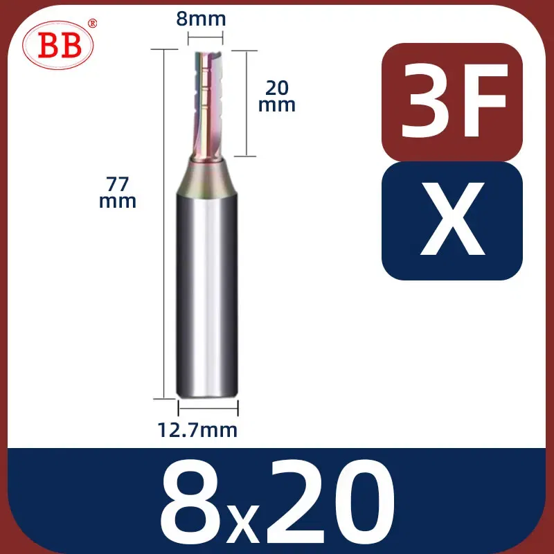 Cutting Edge Length: 27mm, Dimensions: 3.175*1*3 - BB Straight Slot Milling Cutter CNC Wood Engraving Machine Mill Rough Shape TCT Coated Edge D 6mm 8mm 2T 3T 4F Shank 1/2 12.7mm