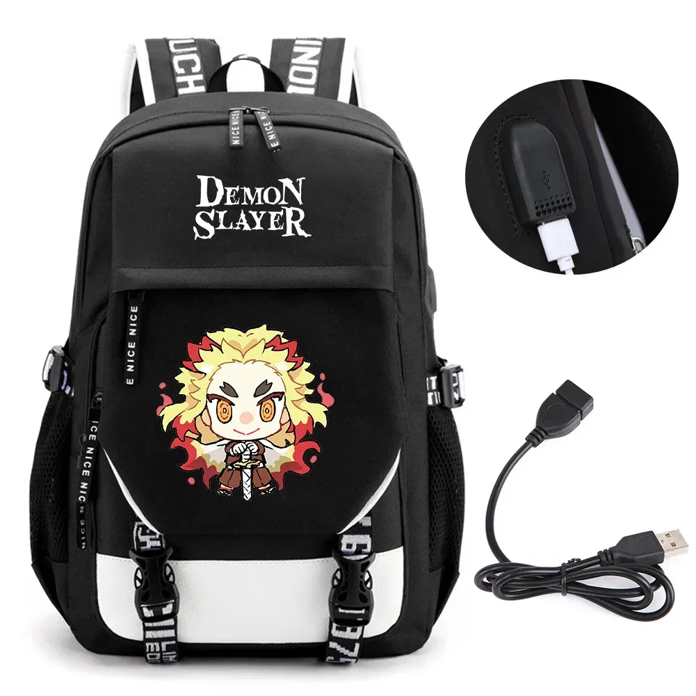 Color: plum - Anime Demon Slayer Kamado Nezuko Backpack School Book Bags Mochila Travel USB Port Bag Laptop Boy Girls Gift