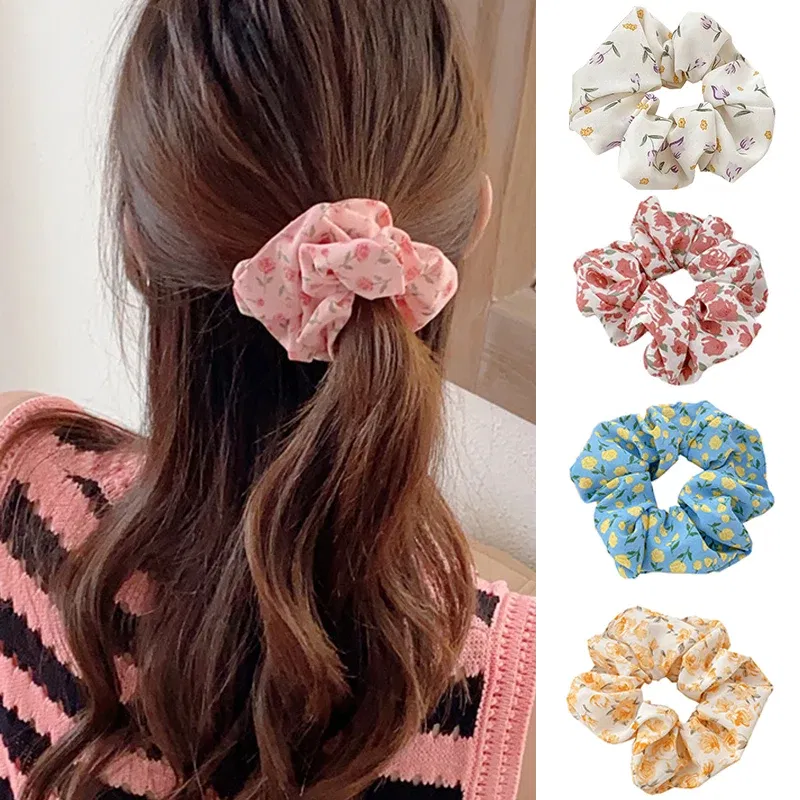 Color: Silver - Gentle Sweet Women Floral Hair Ties Scrunchies Tulip Rose Flower Hair Rope Summer Ponytail Holder Rubber Band Hair Accessories