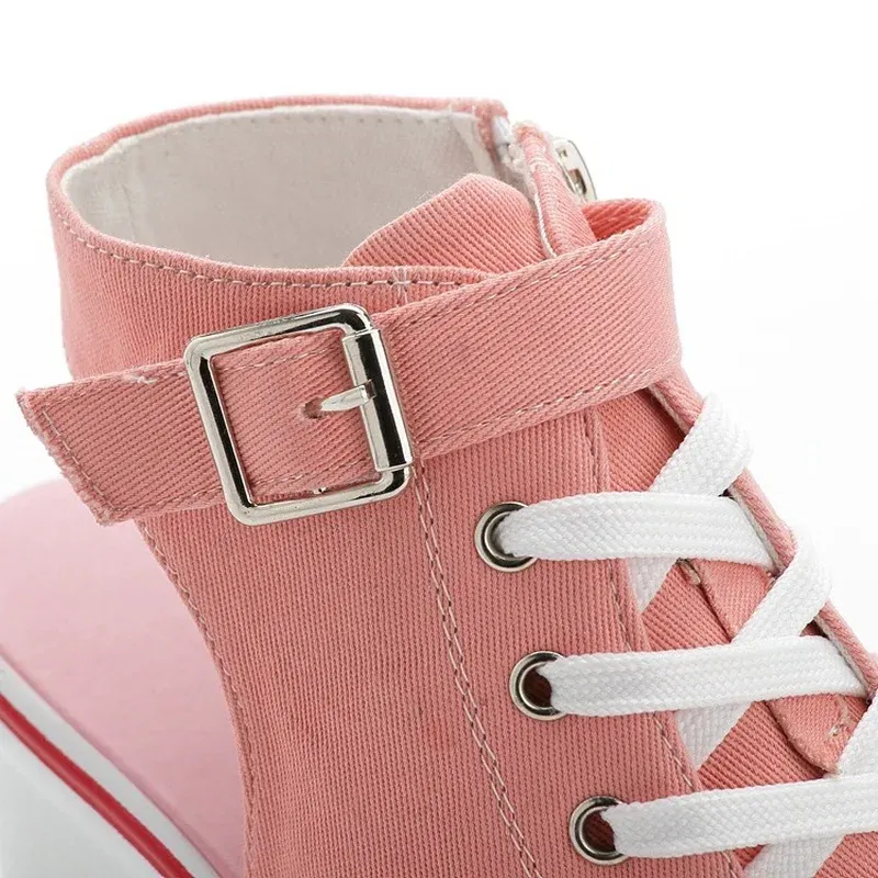 Color: Pink, Shoe Size: 37 - Spring Summer Women's Height Increasing Platform Canvas Fish Mouth Shoes Open Toe Hollow Canvas Wedge Shoes Zapatos Para Mujer