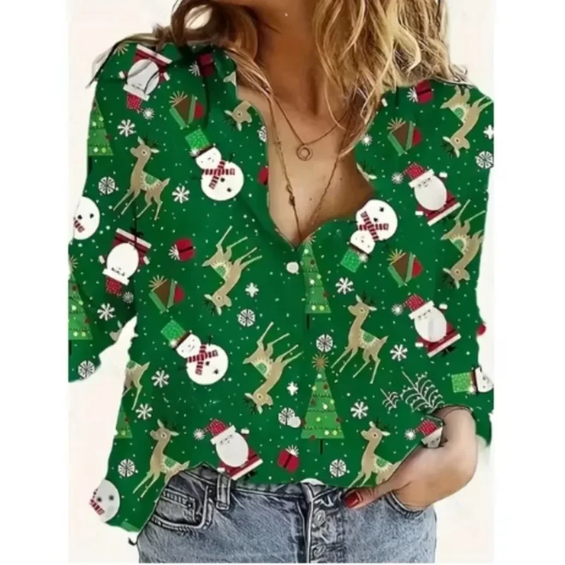 Color: green, Size: 4XL, Ships From: CHINA - Women New Christmas Shirt Cute Christmas Tree Santa Claus Print Blouses Casual Long Sleeve Button Tops Autumn Blouses Ladies