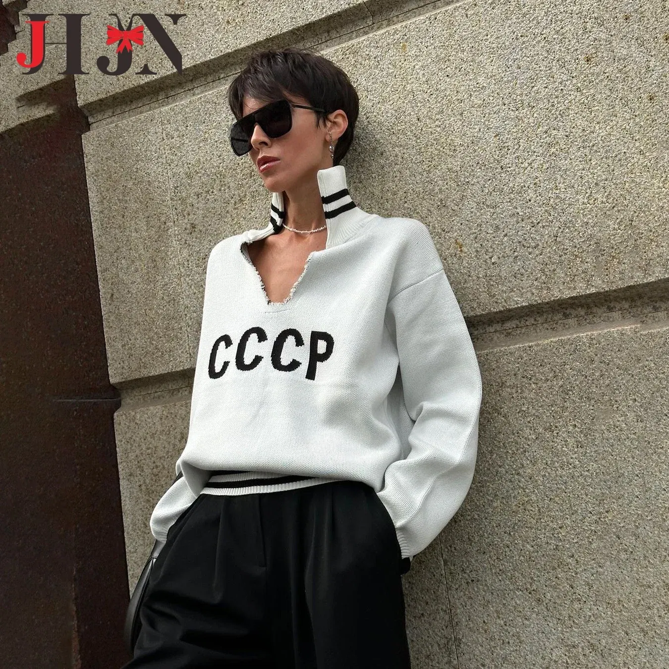 Color: WHITE, Size: L - JHJN Autumn V-Neck Sweater Women Patchwork Letter Streety Tops Loose Casual Pullovers Long-Sleeved Knitted Shirts Women Sweater