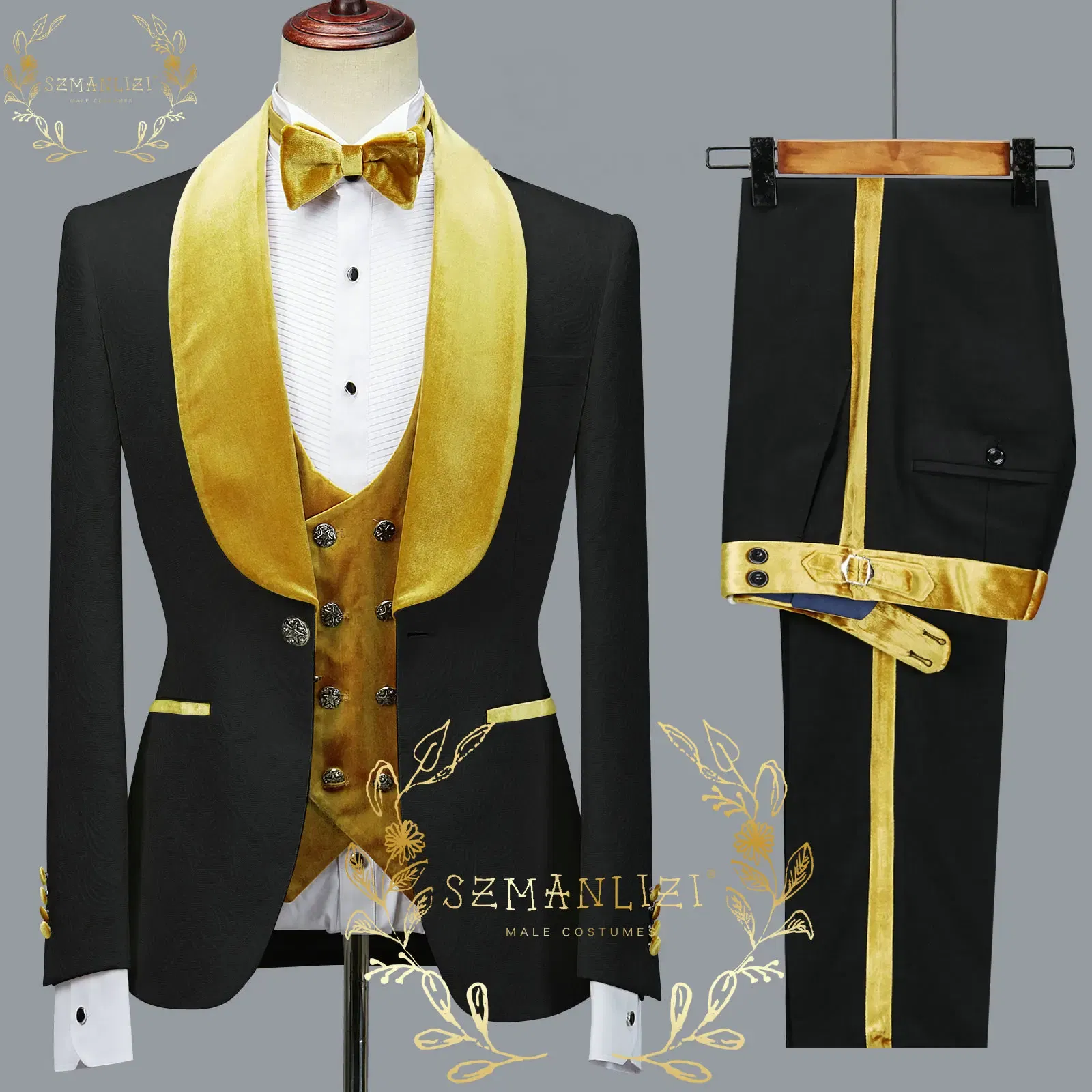 Color: Khaki, Size: 4XL - SZMANLIZI 2022 Latest Designs Black Floral Party Blazer Men Suits Costume Homme Groom Tuxedos Wedding Terno Masculino 3 Pieces