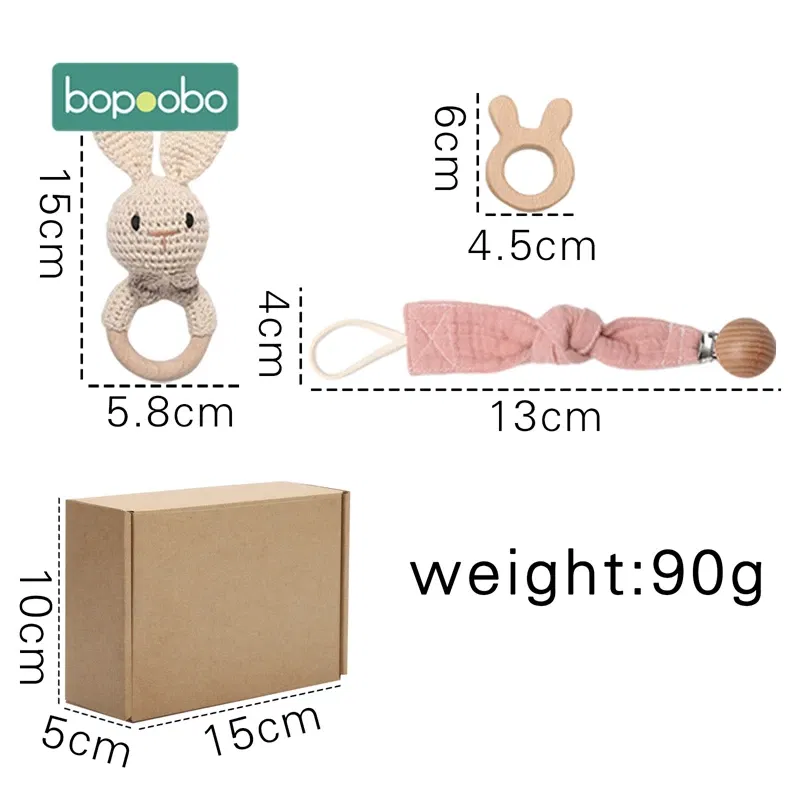 Color: GRAY - Bopoobo 3PCS/5PCS Crochet Bunny Baby Teether Rattle Animal Beech Wood Teether Pacifier Chain Crochet Rattle For Newborn Baby