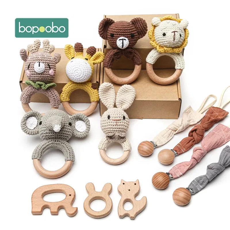 Color: GRAY - Bopoobo 3PCS/5PCS Crochet Bunny Baby Teether Rattle Animal Beech Wood Teether Pacifier Chain Crochet Rattle For Newborn Baby