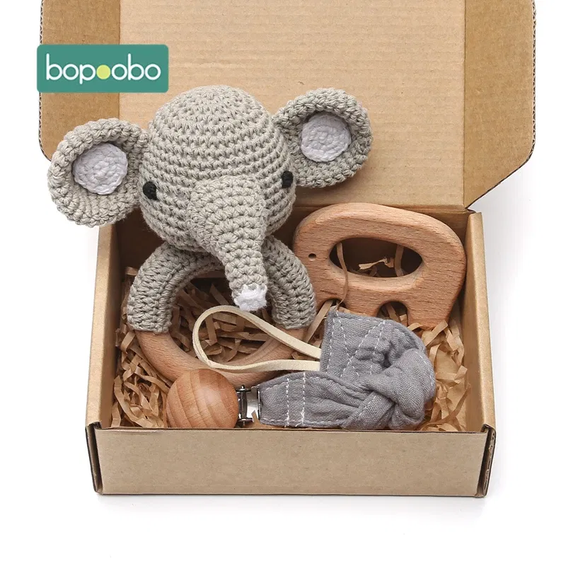 Color: GRAY - Bopoobo 3PCS/5PCS Crochet Bunny Baby Teether Rattle Animal Beech Wood Teether Pacifier Chain Crochet Rattle For Newborn Baby