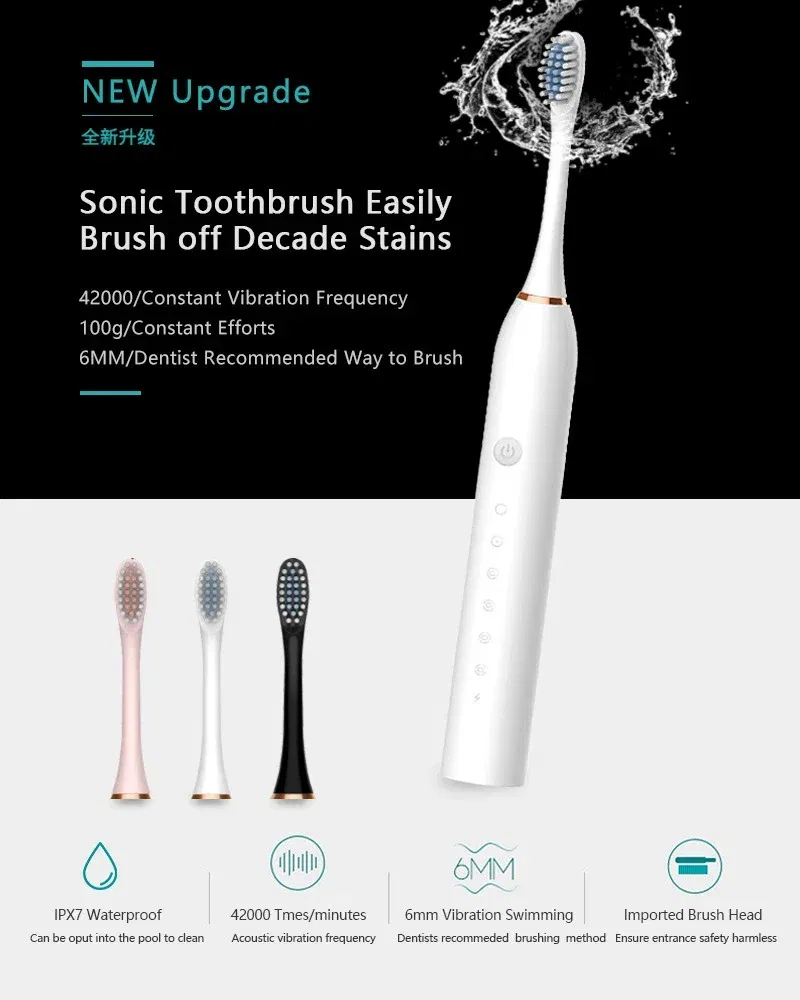 Color: Brown - Sonic Electric Toothbrush Adult Smart Timing Tooth Brush Teeth Clean Whitening Fast USB Rechargeable Toothbrush Replacement Head