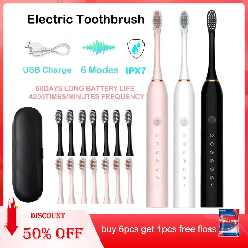Color: Brown - Sonic Electric Toothbrush Adult Smart Timing Tooth Brush Teeth Clean Whitening Fast USB Rechargeable Toothbrush Replacement Head