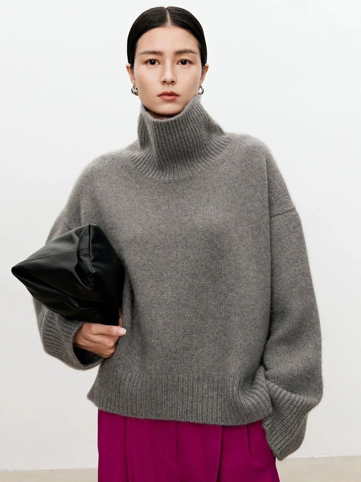 Color: black, Size: S, Ships From: CHINA - Turtleneck pure cashmere sweater female loose and thick languid lazy wind pullover sweater knitting base WOOL sweater
