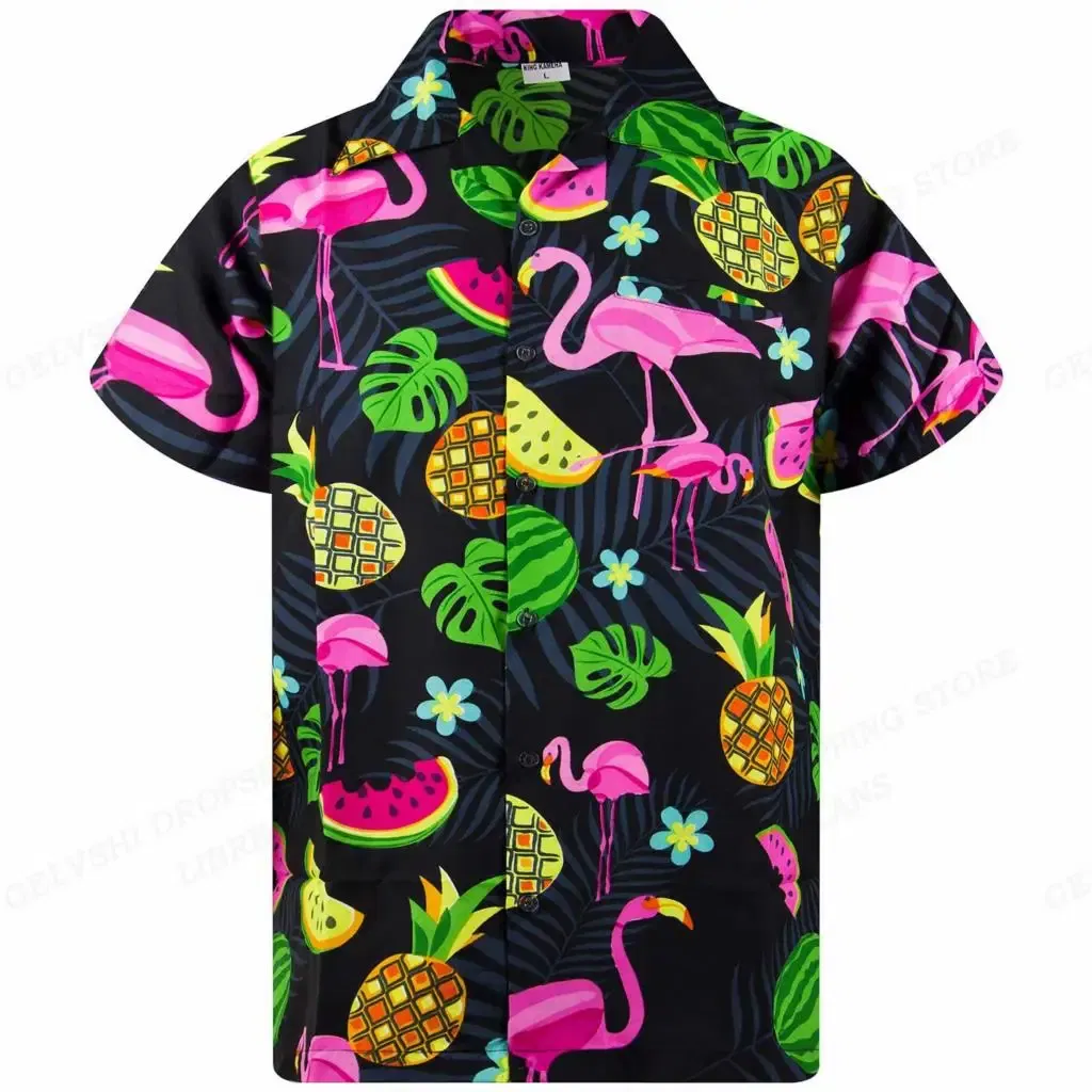 Color: Khaki, Size: M - Flamingo Hawaiian Shirts Beach Summer Men's Shirt Tropic Leaf 3D Print Shirts Men Women Fashion Blouse Short Sleeve Vocation
