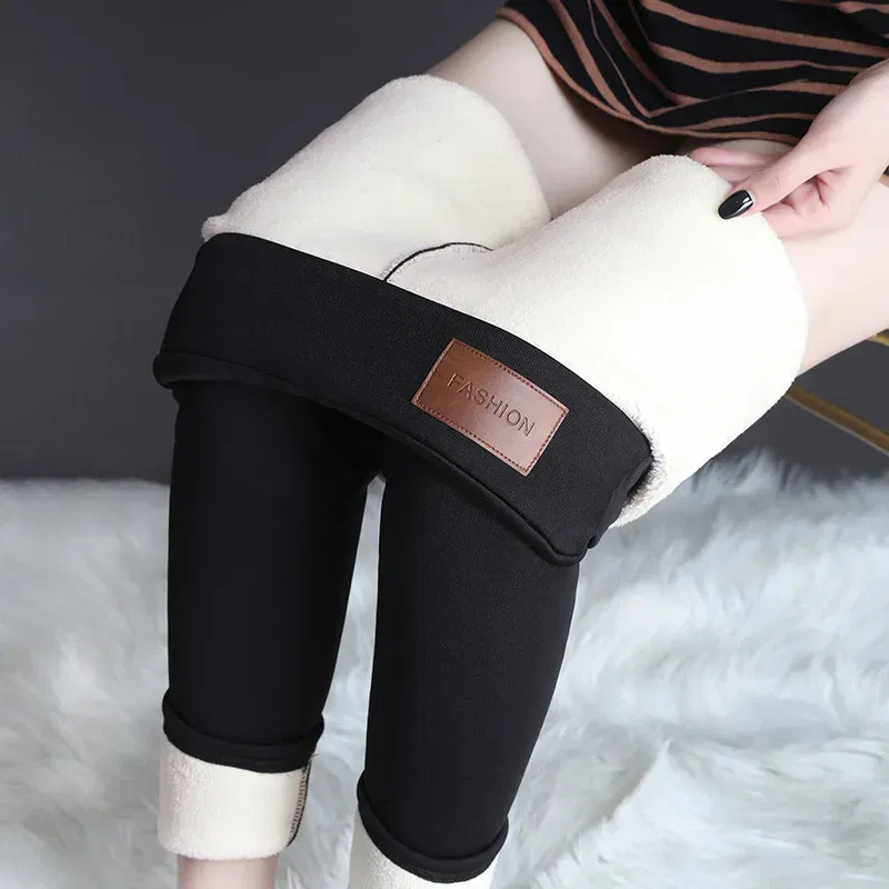 Color: Beige, Size: L - Thermal Leggings Women Winter Warm High Waist Simplicity Warm Pants Fashion Black Elasticity Autumn Velvet Comfortable Leggins