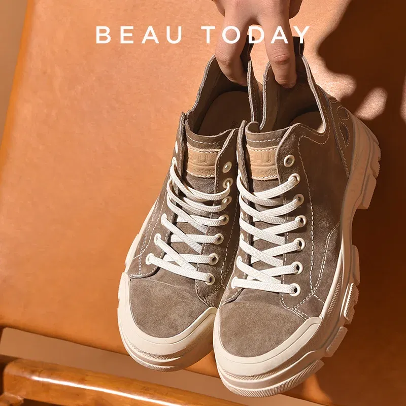 Color: Orange, Shoe Size: 9 - BeauToday Casual Sneakers Women Suede Leather Round Toe Lace-Free High Top Ladies Retro Fashion Flat Shoes Handmade 29575