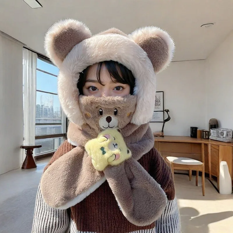 Color: black - Winter Children One Piece Scarf Hat+Mask Cute Cartoon Baby Ear Protection Cap 1-6year Kids Plush Cross Neckerchief Warm Beanies