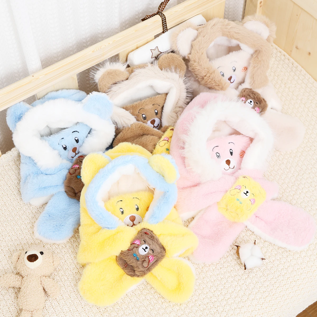 Color: black - Winter Children One Piece Scarf Hat+Mask Cute Cartoon Baby Ear Protection Cap 1-6year Kids Plush Cross Neckerchief Warm Beanies