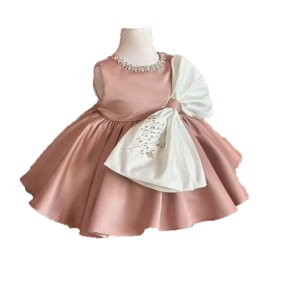 Color: Brown, Kid Size: 26 - 0-12Y Baby Girl Summer Diomand flower Embroidery Pink Dress with Big Bow for Casual Party Holiday B37