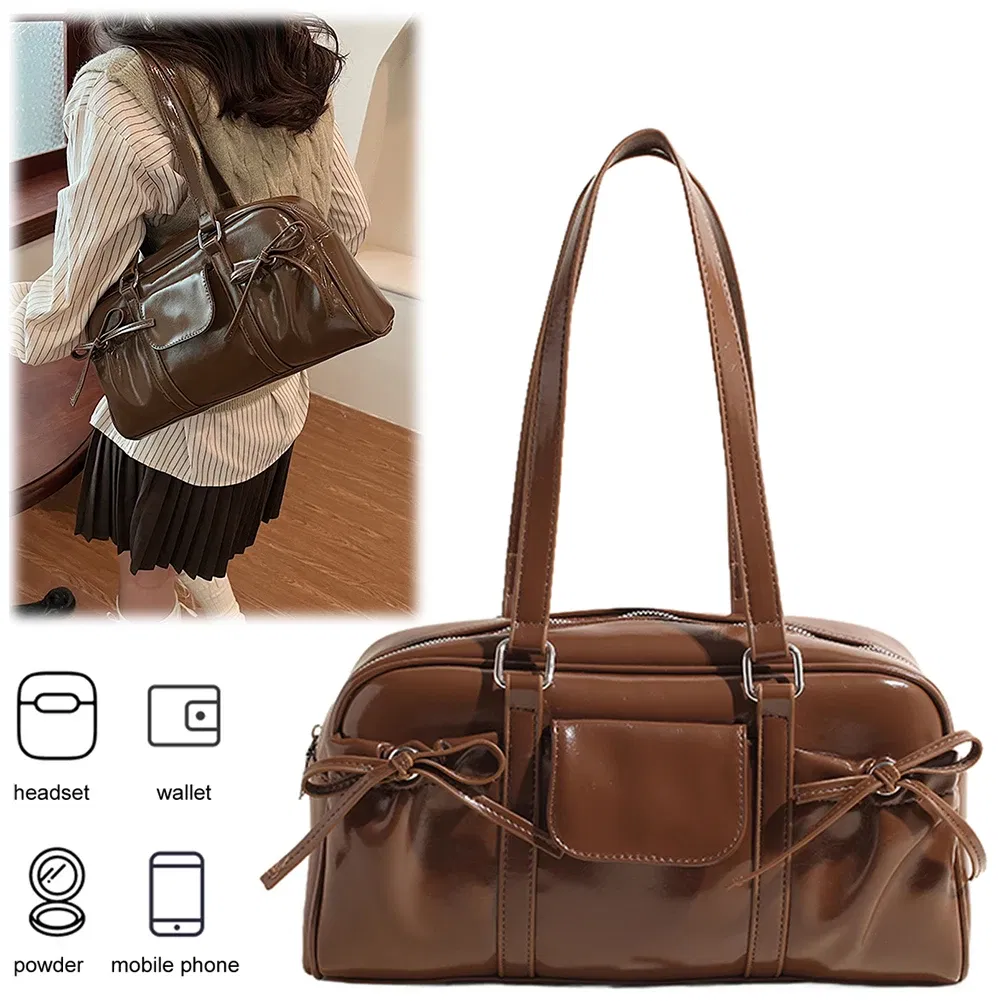 Color: Coffee, Ships From: CHINA - Stylish Women Bow Shoulder Bag in PU Leather with Multi Pockets Ideal for Casual Outings Travel and Shopping