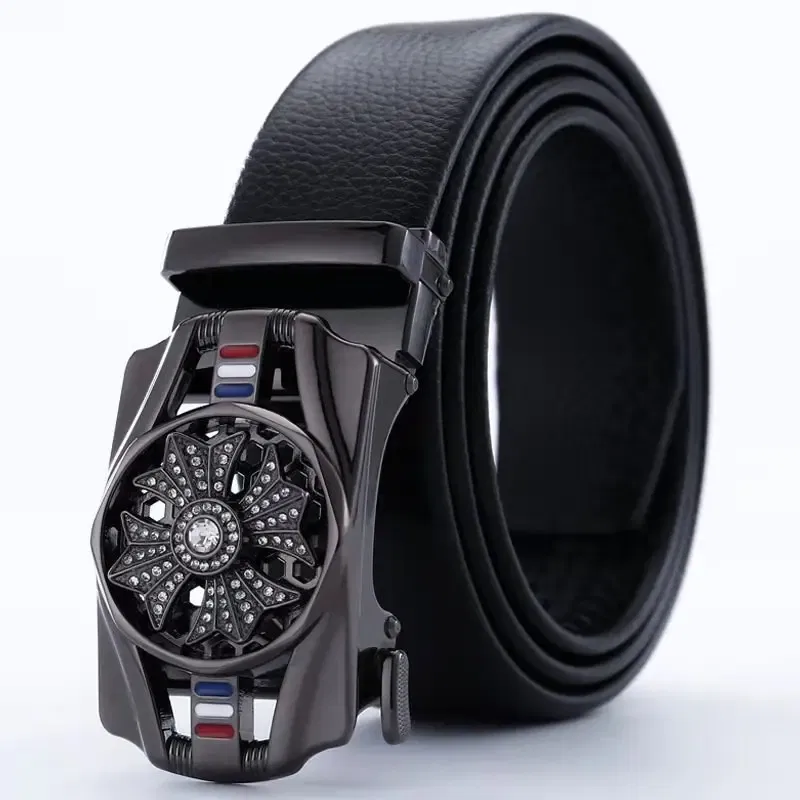 Color: black, Belt Length: 120cm - Man PU Leather Belt High Quality Men Business Belt Golden Automatic Buckle Waist Buckle Rhinestone Decoration Males Luxury Belt