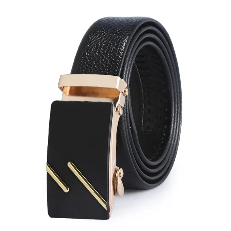 Color: black, Belt Length: 120cm - Man PU Leather Belt High Quality Men Business Belt Golden Automatic Buckle Waist Buckle Rhinestone Decoration Males Luxury Belt