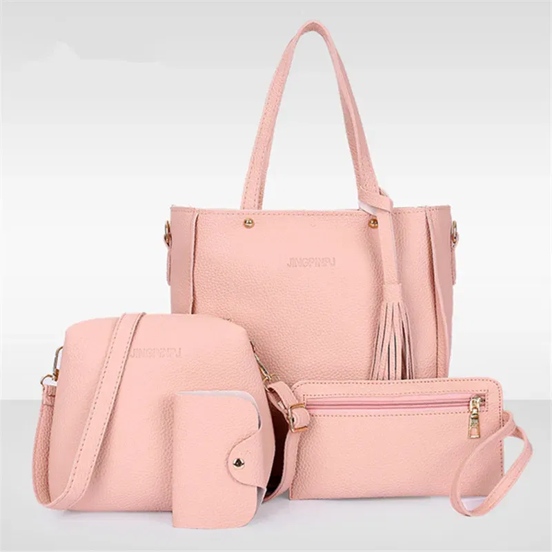 Color: Pink - 4pcs Elegant Minimalist Women'S Shoulder Bag, Handbag, Crossbody Bag, Women Storage Bag, Holiday Gift, Synthetic, Zipper Closure