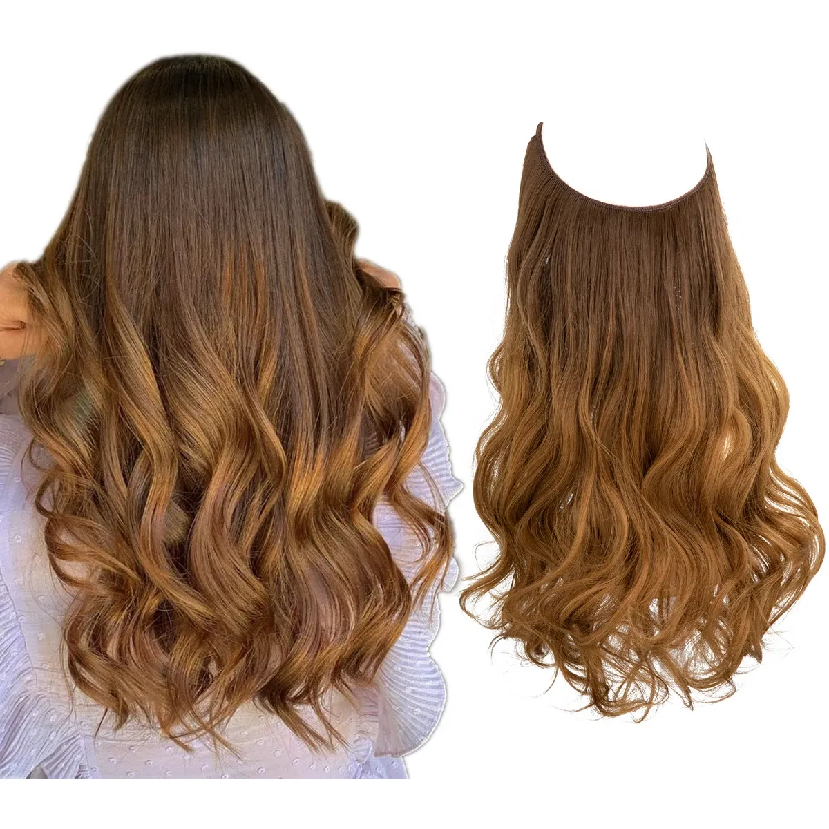 Color: P4/30, Stretched Length: 18inches - Synthetic No Clip Wave Hair Extensions Ombre Natural Black Blonde Pink One Piece False Hairpiece Fish Line Fake Hair Piece