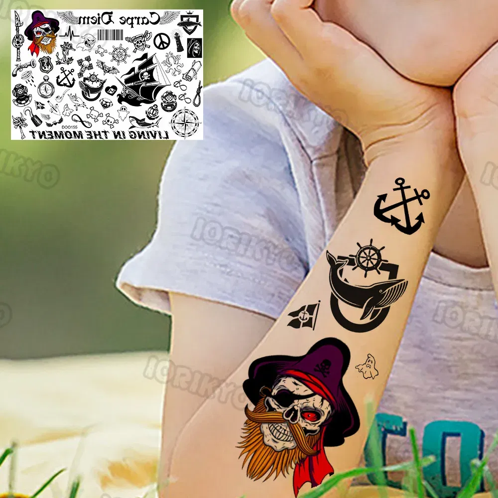 Color: monochrome - Skull Temporary Tattoos For Kids Men Women Adult Face Neck Pirate Captain Tattoo Sticker Monster Fake Skeleton King Tatoos