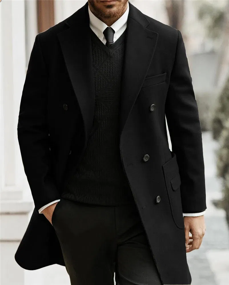 Color: black, Size: One Size - Classic Man Trench Coat Customized Notched Lapel Full Man Terno Double Breasted Elegant Gentleman Long Coat Men's Winter Jacket