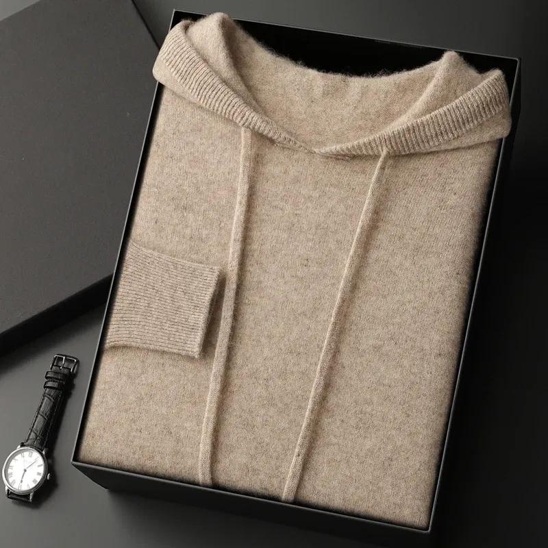 Color: Brown, Size: L - Yoyoselect Men's 100% Cashmere  Luxury Sweater Hoodie Autumn Winter Thick Warm Hooded Pullover Casual Smart Jumpers Knitwear Top