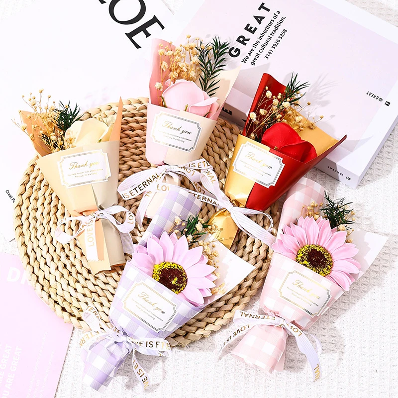 Color: GRAY - Flower Bouquet Rose Sunflower Simulation Flower Creative Artificial Soap Flower Party Wedding Decoration Valentine's Day Gift