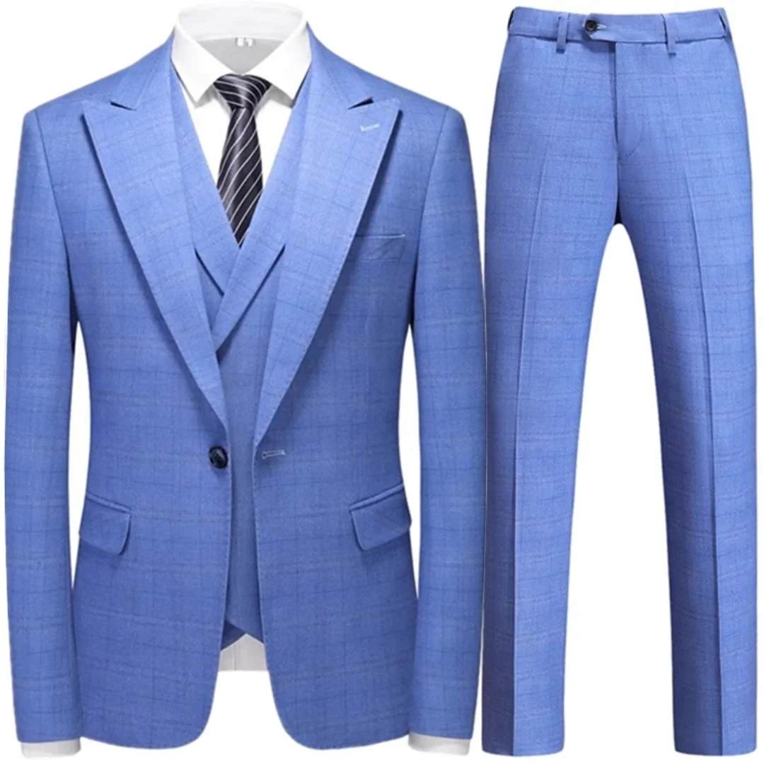 Color: Khaki, Size: 6XL - 3 Pcs Fashion New Men Leisure Boutique Business Plaid Striped Suit Vest Pants Set Casual Dress Blazers Jacket Coat Trosers
